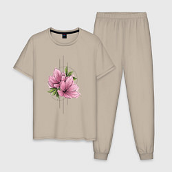 Пижама хлопковая мужская Акварельный розовой цветок, цвет: миндальный