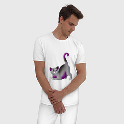Пижама хлопковая мужская Игривая кошечка, цвет: белый — фото 2