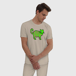 Пижама хлопковая мужская Зеленый полосатый кот, цвет: миндальный — фото 2