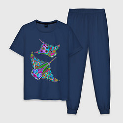 Пижама хлопковая мужская Скаты с психоделической раскраской, цвет: тёмно-синий