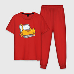 Пижама хлопковая мужская Котик лежит на ноутбуке, цвет: красный