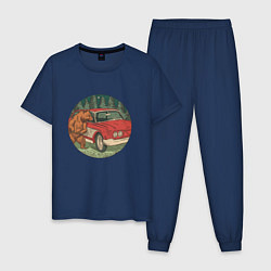 Пижама хлопковая мужская Медведь и машина в лесу, цвет: тёмно-синий