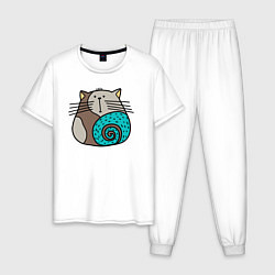Пижама хлопковая мужская Круглый абстрактный кот, цвет: белый