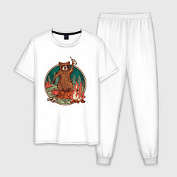 Пижама хлопковая мужская Винтажный енот на отдыхе Camping Raccoon, цвет: белый