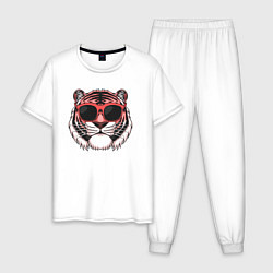 Пижама хлопковая мужская Модный тигр в очках, цвет: белый