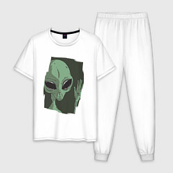 Пижама хлопковая мужская Пришелец машет рукой Alien Waving Hand, цвет: белый