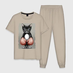 Пижама хлопковая мужская Крутой котяра в боксёрских перчатках Cool cat in b, цвет: миндальный