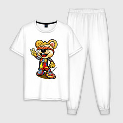 Пижама хлопковая мужская Радостный мышонок в стильных кроссовках показывает, цвет: белый