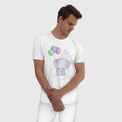 Пижама хлопковая мужская Милый Слонёнок и Крольчонок На Облаке, цвет: белый — фото 2
