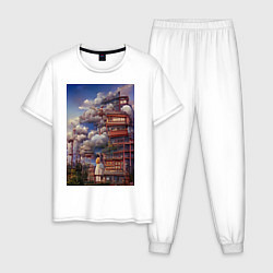 Пижама хлопковая мужская Деревушка в Японии, цвет: белый