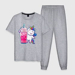 Пижама хлопковая мужская Молочный чай с пузырьками и единорожка, цвет: меланж