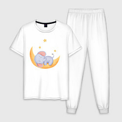 Пижама хлопковая мужская Милый Слонёнок Спит На Месяце Среди Звёзд, цвет: белый