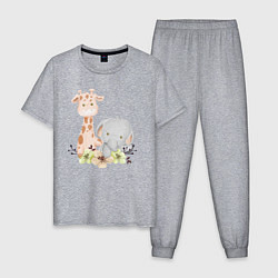 Пижама хлопковая мужская Милый Жирафик и Слонёнок Сидят Среди Цветов, цвет: меланж