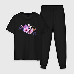 Пижама хлопковая мужская Цветы Розовые Гибискус, цвет: черный