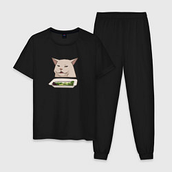 Пижама хлопковая мужская Кот с салатом из мема, цвет: черный