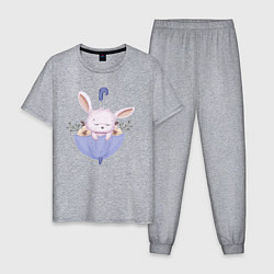Пижама хлопковая мужская Милый Крольчонок В Зонтике С Цветочками, цвет: меланж