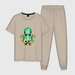 Пижама хлопковая мужская Футбол - Зелёный Осьминог, цвет: миндальный
