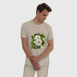 Пижама хлопковая мужская Нежные белые цветы на зелёном акварельном фоне, цвет: миндальный — фото 2