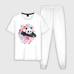 Пижама хлопковая мужская Панда среди летних цветов, цвет: белый