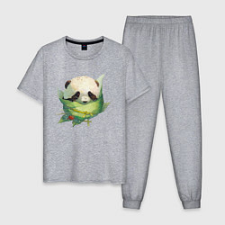Пижама хлопковая мужская Детёныш панды в гнезде из листьев, цвет: меланж