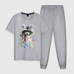 Пижама хлопковая мужская Мордочка енота - акварель, цвет: меланж