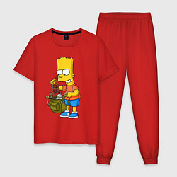 Пижама хлопковая мужская Барт Симпсон разбирает свой рюкзак, цвет: красный