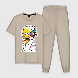 Пижама хлопковая мужская Гомер Симпсон в звёздном балахоне и в наушниках, цвет: миндальный
