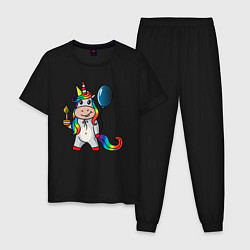 Пижама хлопковая мужская Праздничный единорог с тортиком, цвет: черный