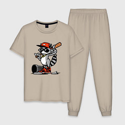 Пижама хлопковая мужская Крутой енот с бейсбольной битой, цвет: миндальный