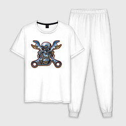 Пижама хлопковая мужская Металлический череп-мотор, цвет: белый