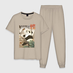 Пижама хлопковая мужская Панда и бабочка - Японская гравюра Укиё Э, цвет: миндальный