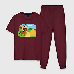 Пижама хлопковая мужская Лошадка на ферме, цвет: меланж-бордовый