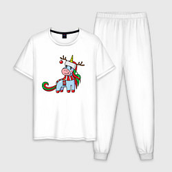 Пижама хлопковая мужская Праздничный единорoг, цвет: белый