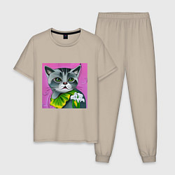 Пижама хлопковая мужская Зеленоглазое котэ виртуального мира, цвет: миндальный