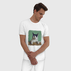 Пижама хлопковая мужская Мем - голодный кот, цвет: белый — фото 2