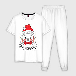 Пижама хлопковая мужская Merry Christmas, cute rabbit in Santa hat, цвет: белый
