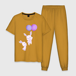 Пижама хлопковая мужская Милые крольчата с воздушными шарами, цвет: горчичный