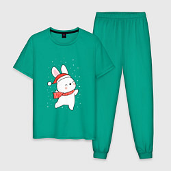 Пижама хлопковая мужская Кролик в шапке и шарфе арт, цвет: зеленый