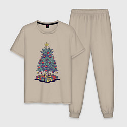 Пижама хлопковая мужская Новогодняя елка с подарками, цвет: миндальный