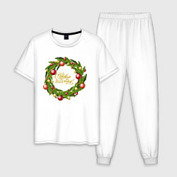 Пижама хлопковая мужская Новый год 2023 новогодний венок, цвет: белый