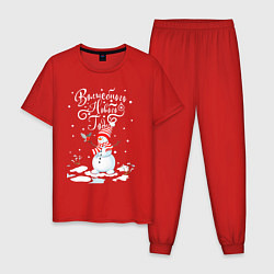 Пижама хлопковая мужская Новогодний снеговик, цвет: красный
