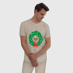 Пижама хлопковая мужская Рождественский венок с оленем, цвет: миндальный — фото 2