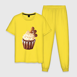 Пижама хлопковая мужская Новогодний капкейк с имбирным человечком, цвет: желтый