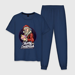 Пижама хлопковая мужская Санта с подарком, цвет: тёмно-синий