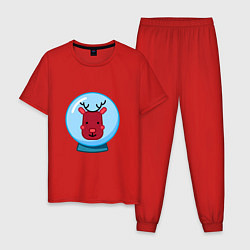 Пижама хлопковая мужская Снежный шар с портретом оленя, цвет: красный