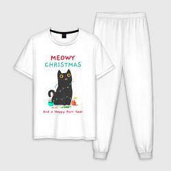 Пижама хлопковая мужская Meowy Christmas and a happy purr year, цвет: белый