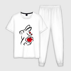Пижама хлопковая мужская Силуэт кролика с японским цветком, цвет: белый
