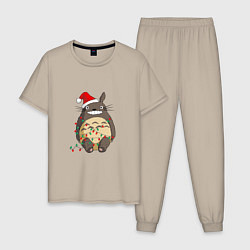 Пижама хлопковая мужская Тоторо и гирлянда, цвет: миндальный