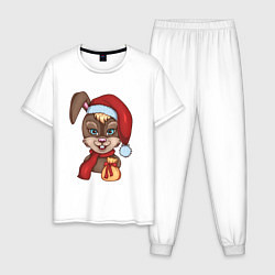 Пижама хлопковая мужская Кролик новогодний в шапке Деда Мороза с подарком, цвет: белый