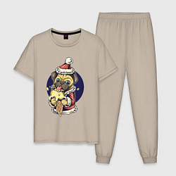Пижама хлопковая мужская Новогодний мопс с мороженым, цвет: миндальный